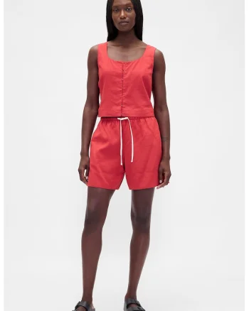 Pantaloni scurti din amestec de in cu snur de ajustare in talie, Coral