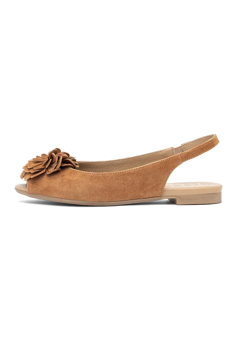 Sandale slingback de piele intoarsa cu aplicatie florala, Maro deschis