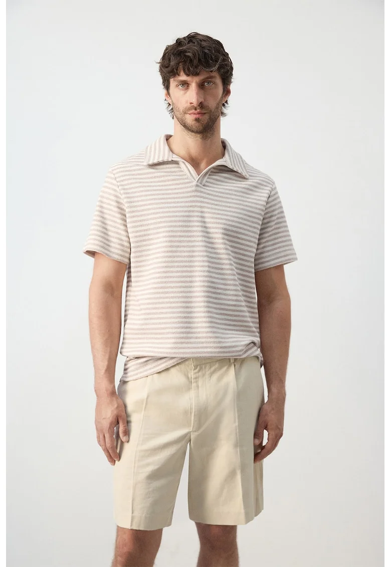 Tricou polo din amestec de bumbac, Alb fildes/Maro deschis