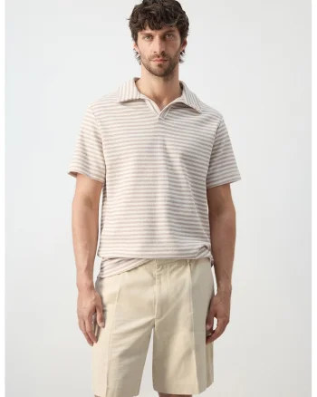 Tricou polo din amestec de bumbac, Alb fildes/Maro deschis