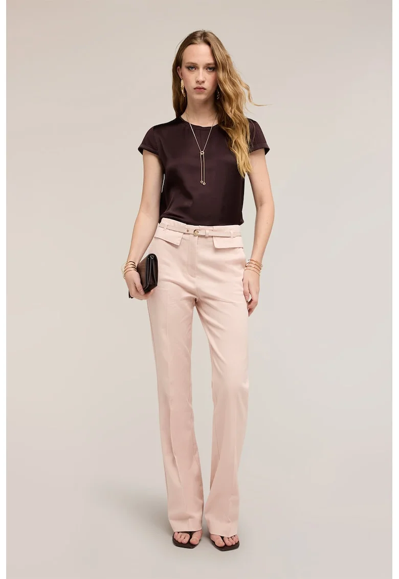 Tricou de satin cu decolteu rotund, Maro inchis