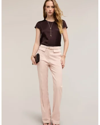 Tricou de satin cu decolteu rotund, Maro inchis