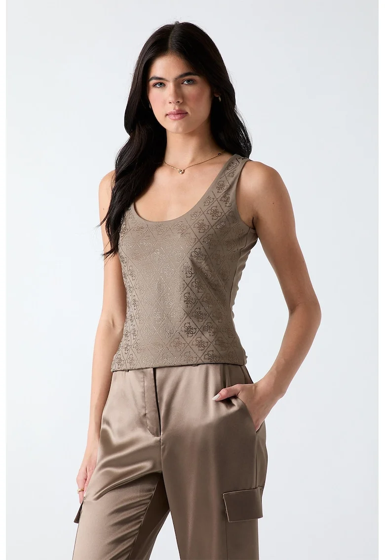 Top slim-fit cu model monograma, Auriu/Maro deschis