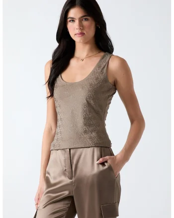 Top slim-fit cu model monograma, Auriu/Maro deschis