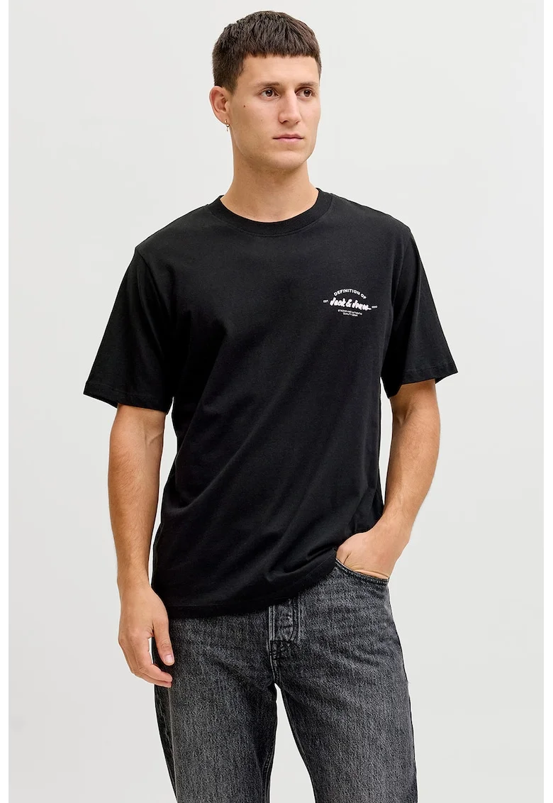 Tricou de bumbac cu decolteu la baza gatului si imprimeu logo discret, Negru