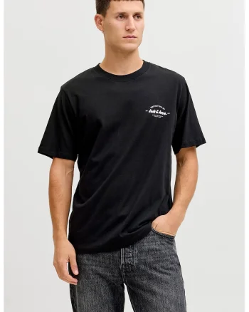 Tricou de bumbac cu decolteu la baza gatului si imprimeu logo discret, Negru