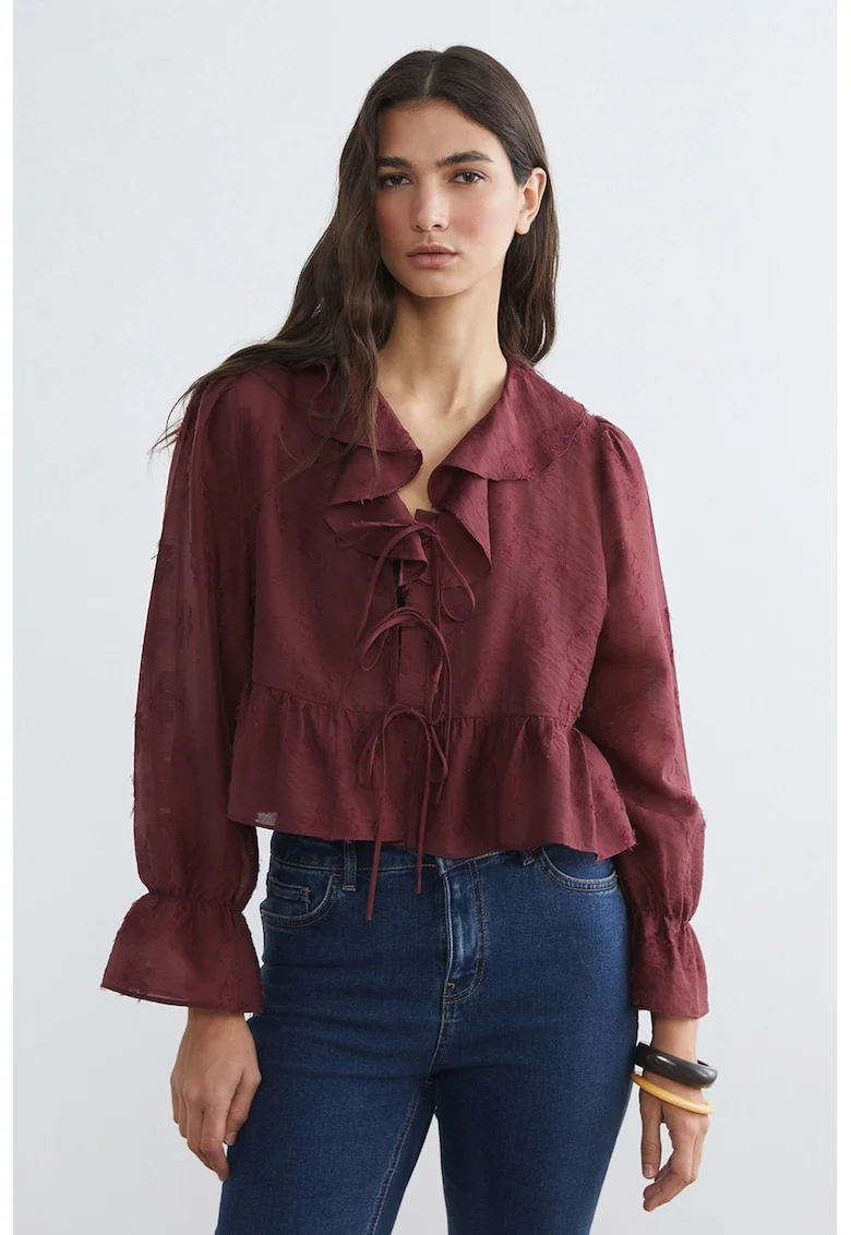 Bluza din amestec de lyocell cu volane, Visiniu
