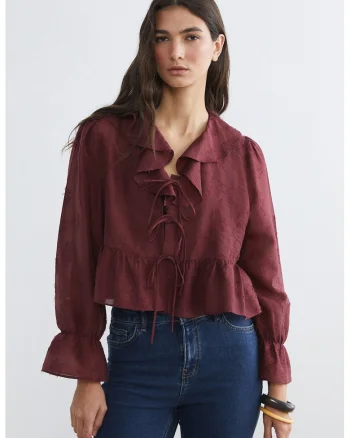 Bluza din amestec de lyocell cu volane, Visiniu