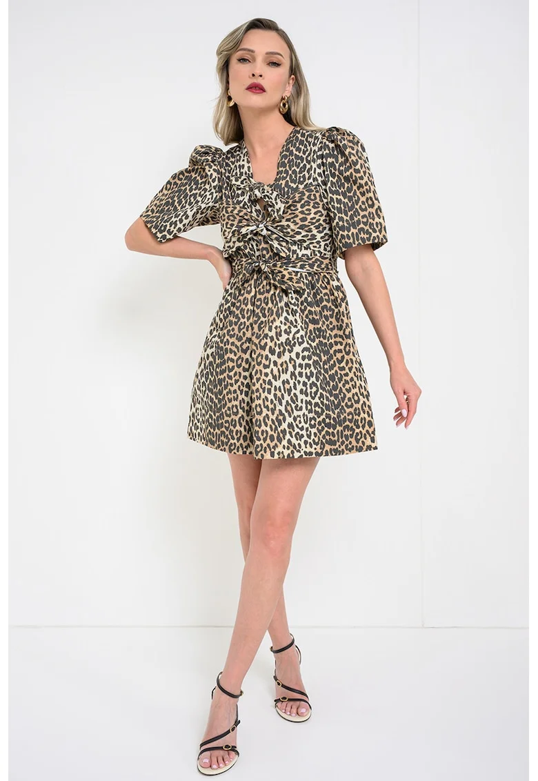 Rochie scurta cu animal print, Negru stins/Maro deschis