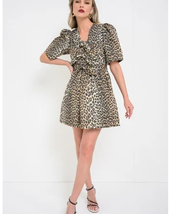 Rochie scurta cu animal print, Negru stins/Maro deschis