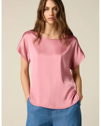 Bluza de satin cu maneci scurte, Roz
