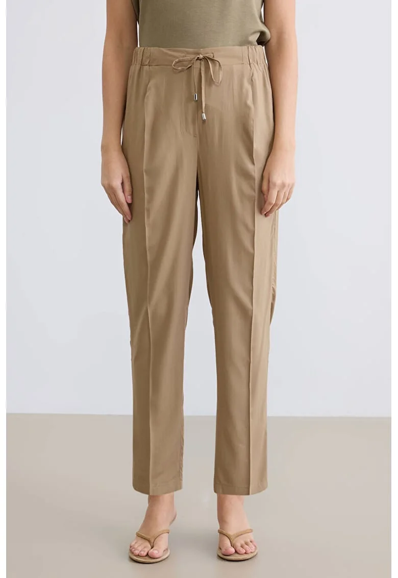 Pantaloni crop cu snur si pensa, Maro taupe deschis