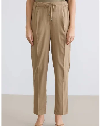 Pantaloni crop cu snur si pensa, Maro taupe deschis