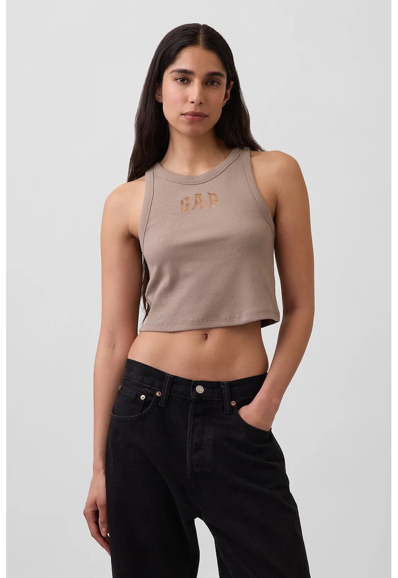 Top crop cu logo si striatii, Maro deschis