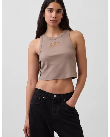 Top crop cu logo si striatii, Maro deschis