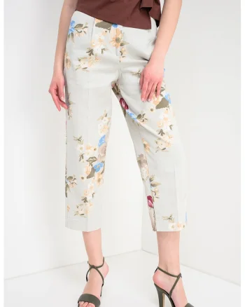 Pantaloni capri cu imprimeu floral, Albastru lavanda/Roz zmeuriu/Maro deschis/Maro taupe deschis