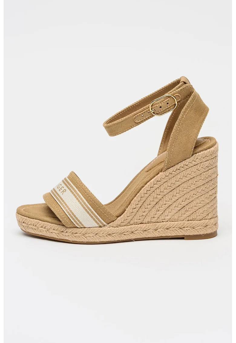Espadrile din denim cu talpa wedge si logo Safari, Auriu/Maro deschis