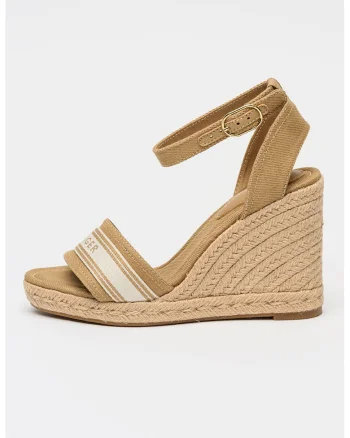 Espadrile din denim cu talpa wedge si logo Safari, Auriu/Maro deschis