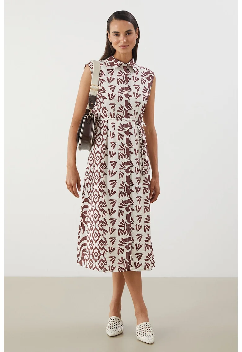 Rochie-camasa midi cu guler clasic, Caramiziu/Alb murdar