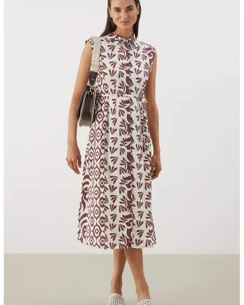 Rochie-camasa midi cu guler clasic, Caramiziu/Alb murdar