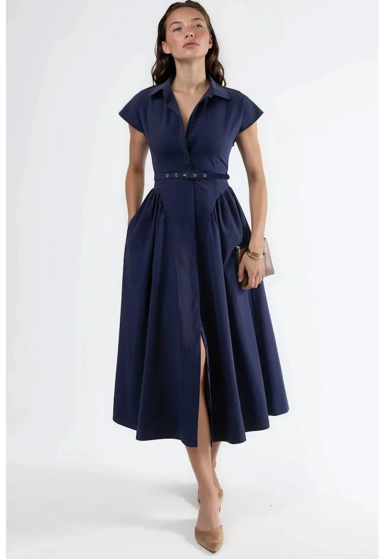 Rochie midi  cu cordon, guler, Bleumarin