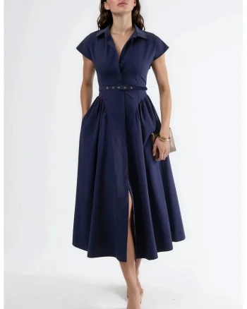 Rochie midi  cu cordon, guler, Bleumarin
