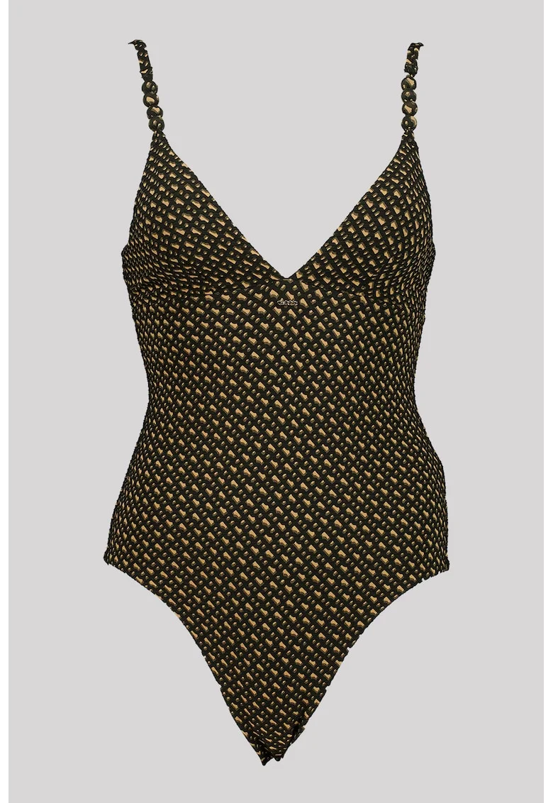 Costum de baie intreg cu burete si model, Negru/Maro deschis