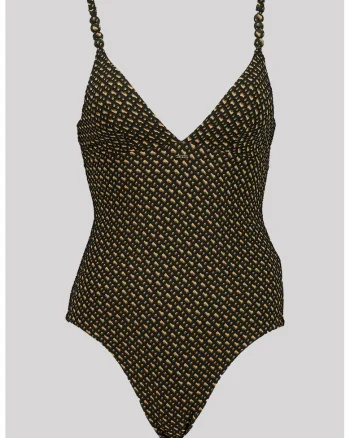 Costum de baie intreg cu burete si model, Negru/Maro deschis