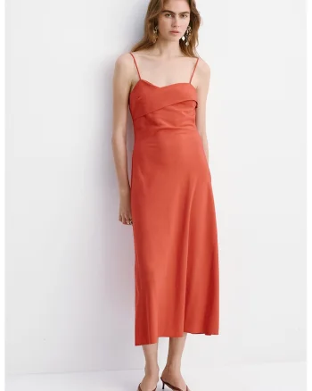 Rochie midi cu croiala pe bie, Caramiziu