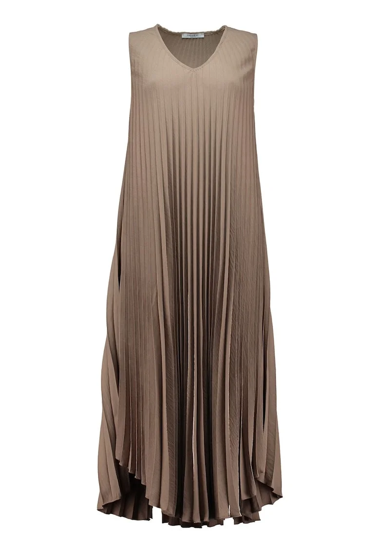 Rochie asimetrica cu pliuri, fara maneci, Maro deschis