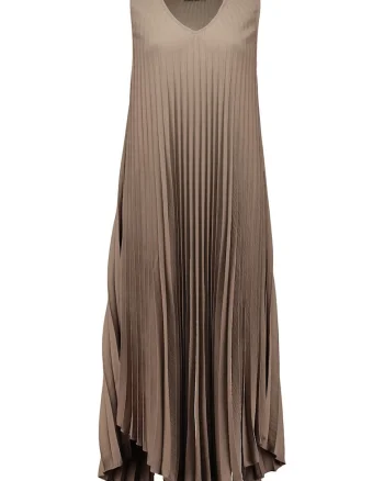Rochie asimetrica cu pliuri, fara maneci, Maro deschis