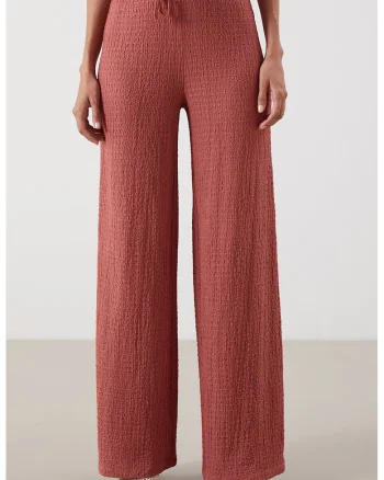 Pantaloni texturati cu croiala ampla, Caramiziu