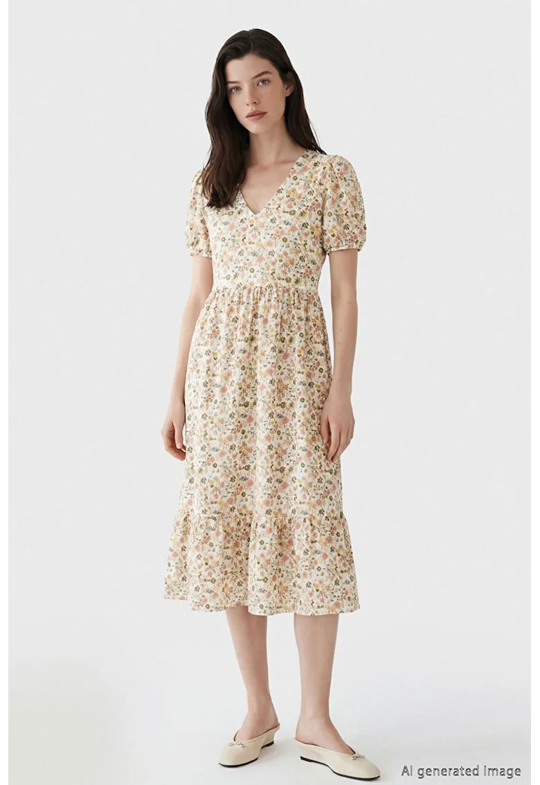 Rochie midi cu decolteu in V, Alb fildes/Roz somon/Verde masliniu