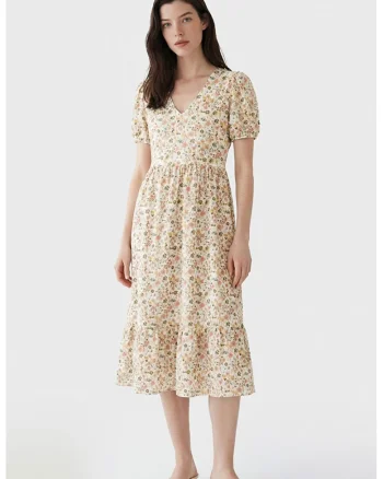 Rochie midi cu decolteu in V, Alb fildes/Roz somon/Verde masliniu