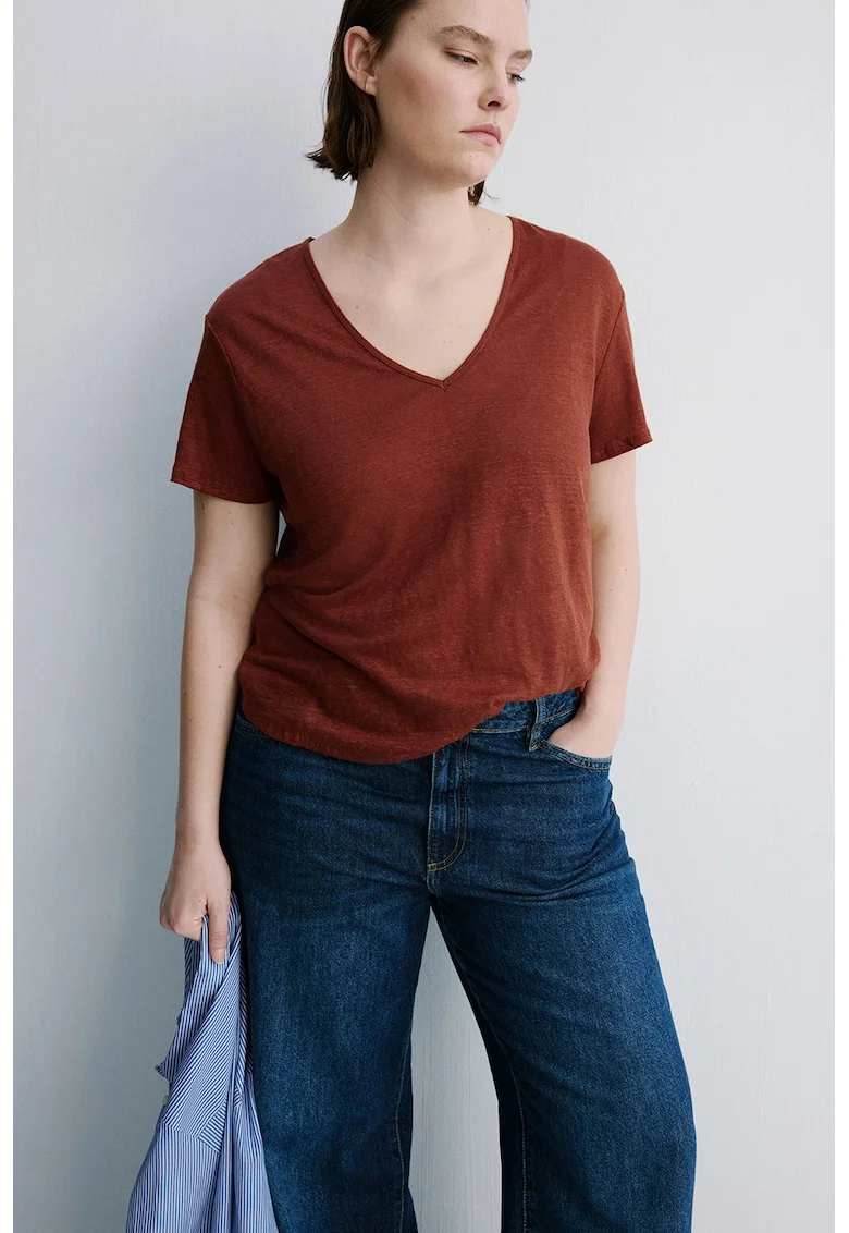 Tricou din in cu decolteu in V, Caramiziu