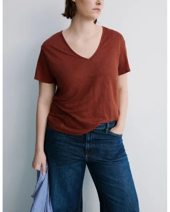 Tricou din in cu decolteu in V, Caramiziu