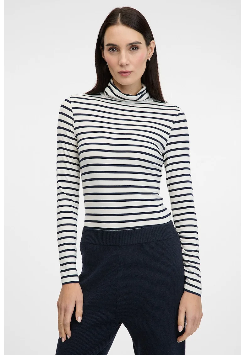 Bluza cu model in dungi si guler inalt, Alb/Negru