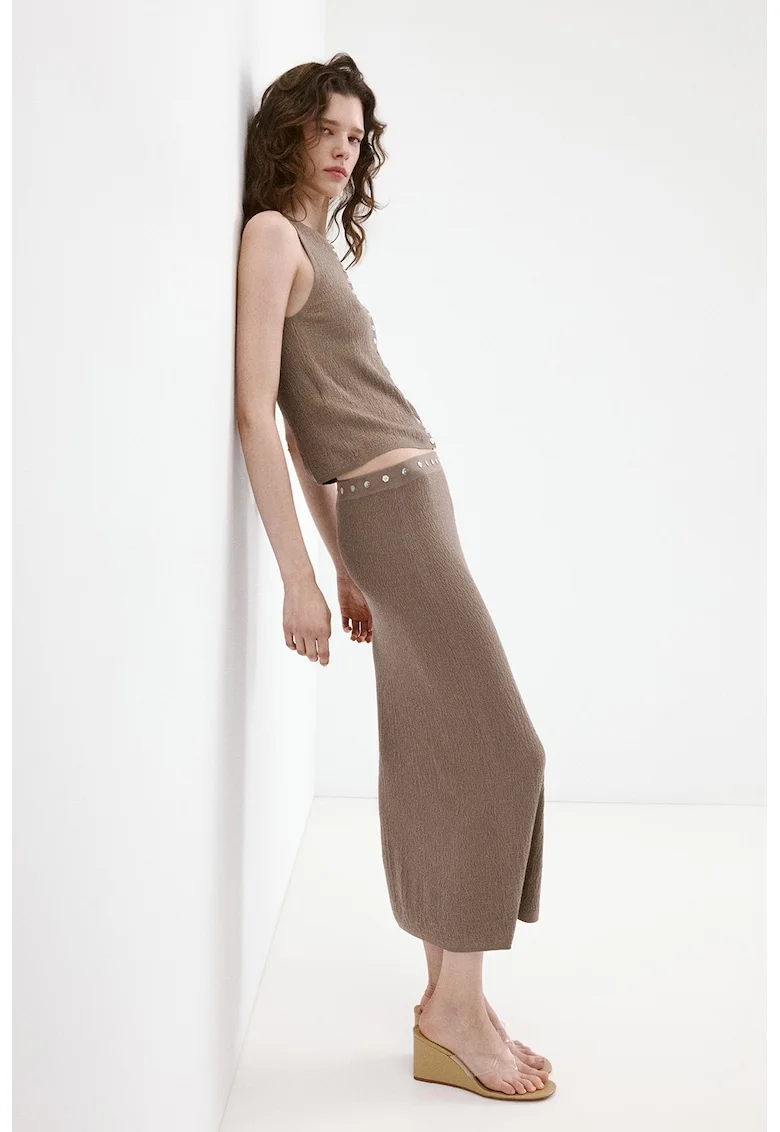 Fusta midi din tricot cu slit lateral, Maro deschis