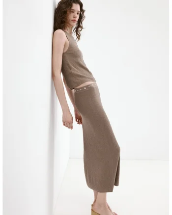 Fusta midi din tricot cu slit lateral, Maro deschis
