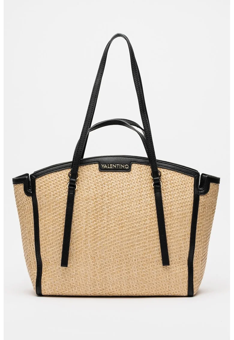 Geanta shopper cu detalii logo, Negru/Maro deschis