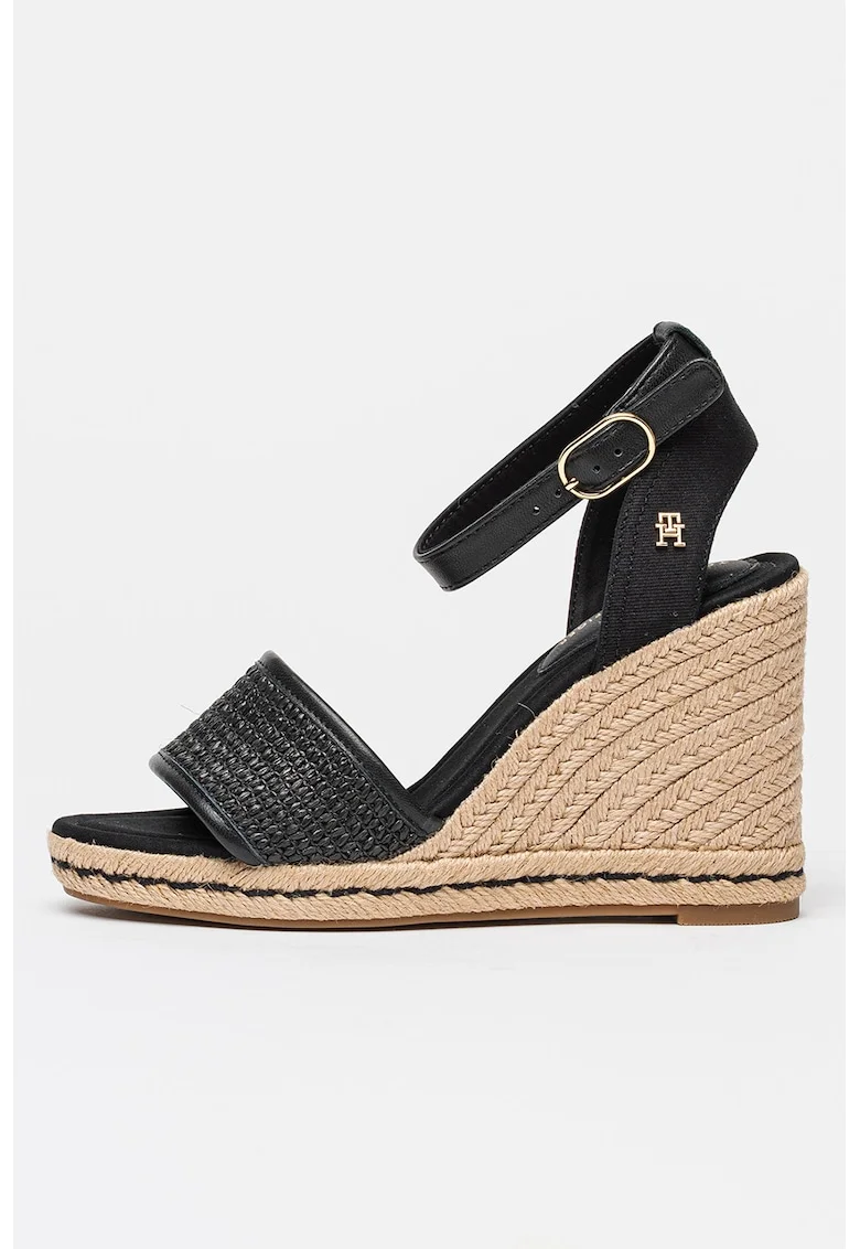 Sandale-espadrile wedge cu bareta pe glezna, Negru stins