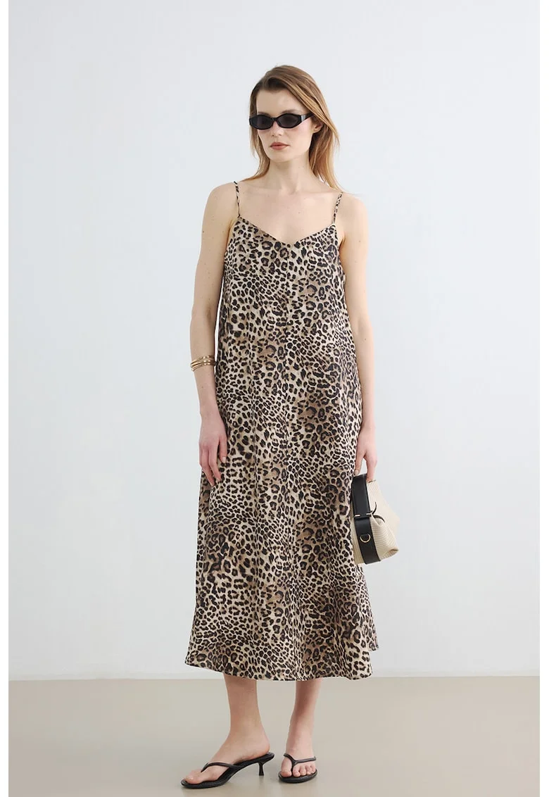 Rochie midi cu animal print, Negru/Maro deschis/Maro camel