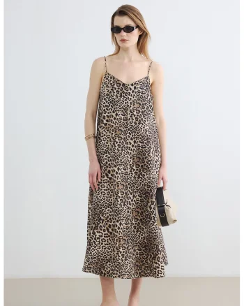 Rochie midi cu animal print, Negru/Maro deschis/Maro camel