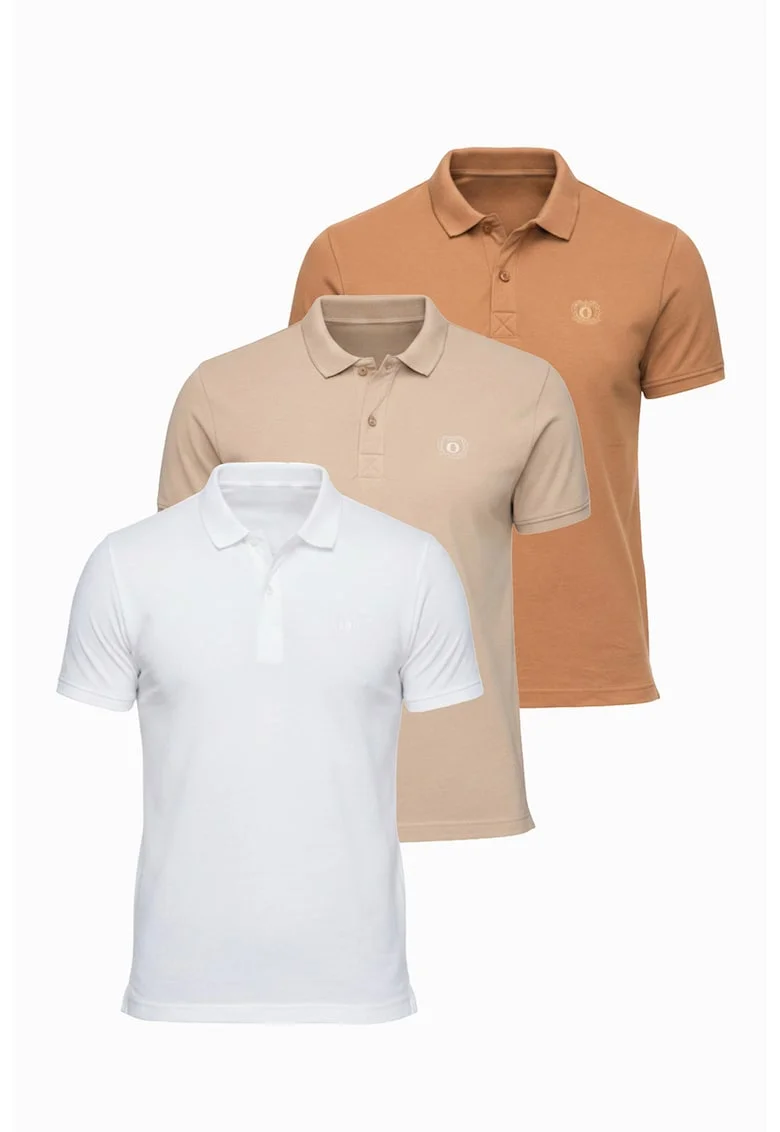 Set de tricouri polo din bumbac - 3 piese, Alb/Bej inchis/Maro deschis