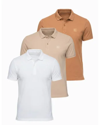 Set de tricouri polo din bumbac - 3 piese, Alb/Bej inchis/Maro deschis