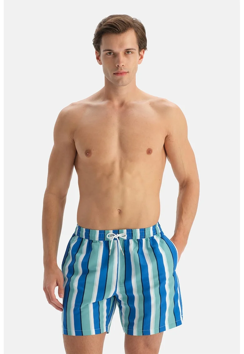 Pantaloni scurti de baie cu model in dungi si trei buzunare, Albastru royal/Alb optic/Bleumarin