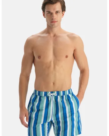 Pantaloni scurti de baie cu model in dungi si trei buzunare, Albastru royal/Alb optic/Bleumarin
