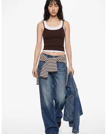 Top slim fit cu bretele subtiri, Maro pamantiu
