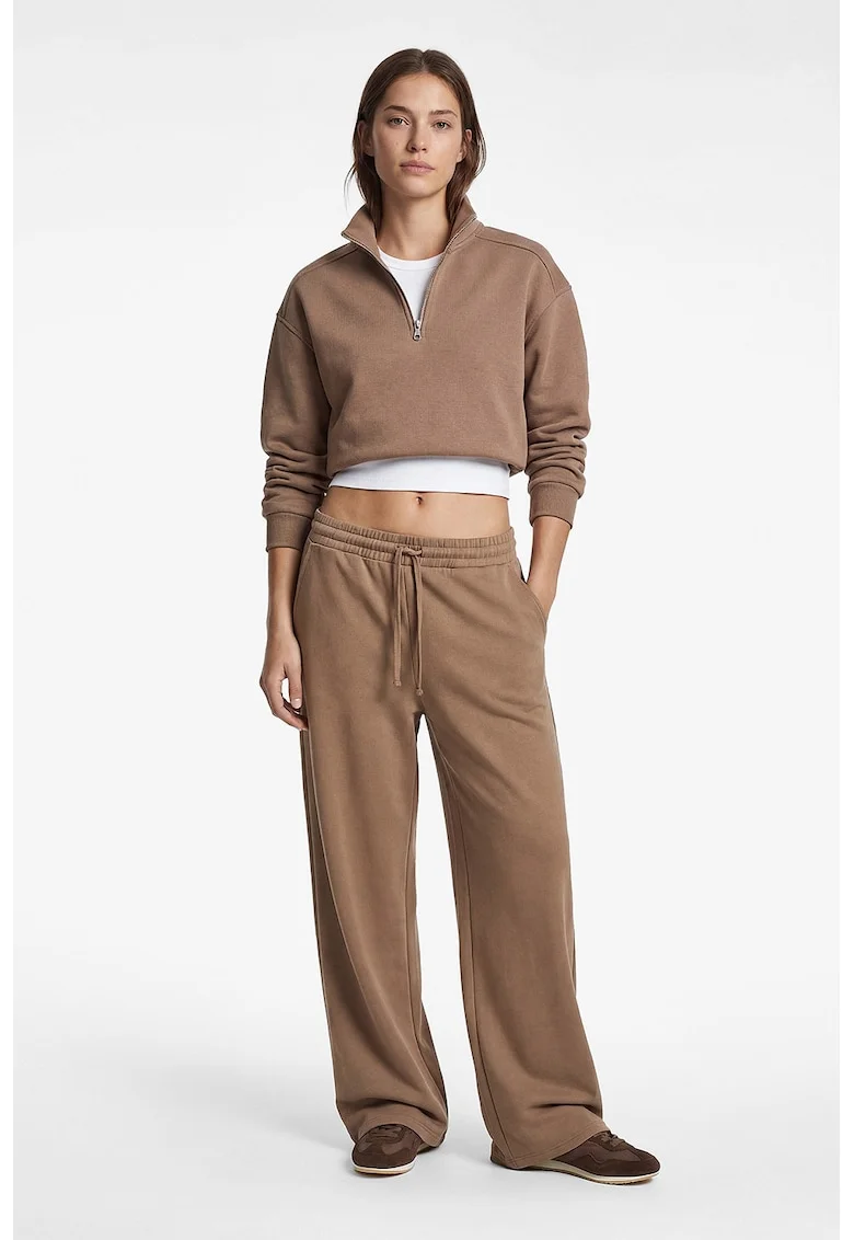 Bluza crop de trening cu fenta cu fermoar, Maro deschis