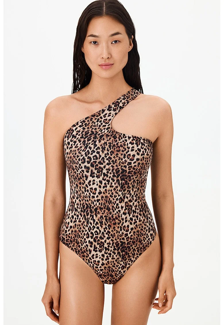 Costum de baie intreg cu model animal print, Negru/Maro deschis